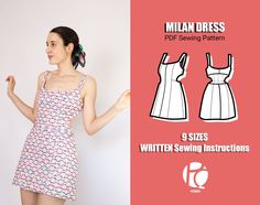 a woman in a dress sewing pattern and instructions