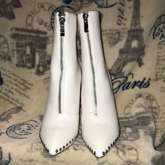 Never Worn Wild Diva Winter White Booties. Size 8. Heel Height 4 1/2 Inches. White Synthetic Closed Toe Booties, White Closed Toe Booties For Party, White Fitted Ankle Boots, Fitted White Ankle Boots, White High Ankle Fitted Heels, White Fitted High Ankle Heels, White Synthetic Ankle-high Boots, White Party Booties For Spring, White Round Toe Booties For Party