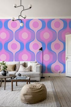 Retro vintage 70s geometry pattern wallpaper on happywall.com Retro Feature Wall, Retro Wallpaper Peel And Stick, Colorful Retro Aesthetic, Adult Apartment Decor, 70s Wall Mural, Retro Mural, Geometry Wallpaper, Groovy Aesthetic