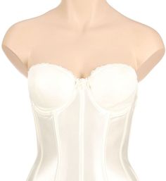 This low-back longline bustier bra is the best solution for the full-figure bride looking for a perfect hourglass figure on her big day. Non-stretch satin panels help shape the tummy with firm control. Comes with removable clear straps and garters. Underwire cups have light padding and hidden boning. Sleek, seamless, underwire cups are invisible under clothing. Boning in the bodice shapes the tummy and supports the bust. Super low back makes this bustier easy to wear with most backless gowns. Co Fitted Corset With Built-in Bra And Sweetheart Neckline, Sweetheart Neckline Corset With Built-in Bra, Fitted Full Coverage Corset With Built-in Bra, Elegant Push-up Corset With Built-in Bra, Elegant Corset With Underwire And Corset Back, Elegant Underwire Corset, Elegant Corset Dress With Built-in Underwire Bra, Elegant Corset With Medium Bust Support And Fitted Bodice, Elegant Corset With Medium Bust Support