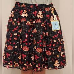 Delicate Embroidered Floral Skirt With Black Lining. Never Worn Except For These Photos. Size 12. No Flaws Flowy Full Skirt With Floral Embroidery, Spring Embroidered Knee-length Skirt, Black Embroidered Flowy Skirt, Red Floral Embroidery Skirt For Spring, Flowy Black Embroidered Skirt, Red Festive Skirt For Spring, Festive Spring Skirt, Black Floral Embroidered Skirt, Black Skirt With Floral Embroidery