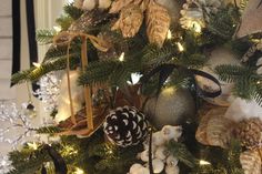 a christmas tree decorated with ornaments and lights