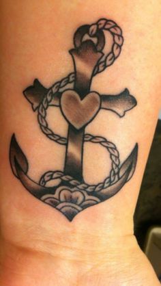 an anchor and heart tattoo on the wrist