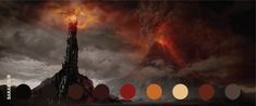 an image of a tower with fire coming out of it's top surrounded by color swatches