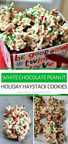 white chocolate peanut holiday haystack cookies with sprinkles in the middle