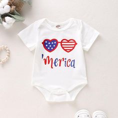 Baby Independence Day Glasses Printing Bodysuit - PrettyKid Fun Short Sleeve Onesie For Summer, Fun Summer Onesie With Short Sleeves, Fun Short Sleeve Summer Onesie, Playful White Onesie For Vacation, Summer Short Sleeve Onesie With Letter Print, Printed Summer Onesie, White Onesie For Spring Vacation, White Summer Onesie For Playtime, Summer Playtime White Onesie