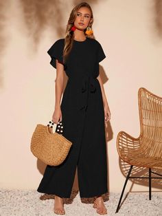 This elegant piece from our collection is a must-have for any wardrobe. Butterfly Sleeve Belted Wide Leg Jumpsuit is crafted from a lightweight fabric, the wide-leg silhouette is enhanced by a belted waistline and regular fit. Featuring a round neckline, short butterfly sleeves, and a long length, this piece is sure to bring a touch of sophistication to any look. It's perfect for any formal occasion or just to add some flair to your everyday style coming in black and brown colors. Features: Styl Comfy Jumpsuits, Belt Length, Stil Elegant, Butterfly Sleeves, Formal Attire, Wide Leg Jumpsuit, Black Jumpsuit, Online Clothing Stores, Latest Fashion Clothes