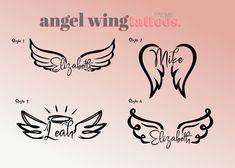 four angel wings with the words angel wing tattoos written in black ink on a pink background