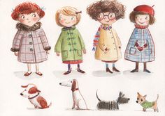 an image of children and dogs in winter clothes