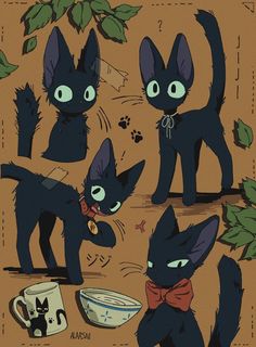 several black cats with green eyes and bows around their necks, standing next to each other