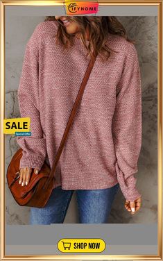 Pink Subtle Heather Knit Bishop Sleeve Sweater Casual Textured Knit Turtleneck Outerwear, Fall Crew Neck Knit Top, Crew Neck Knit Top For Fall, Casual Textured Knit Turtleneck Top, Casual Long Sleeve Winter Knit Top, Casual Long Sleeve Knit Top For Winter, Casual Solid Color Cable Knit Top, Casual Chunky Knit Long Sleeve Top, Casual Solid Cable Knit Top