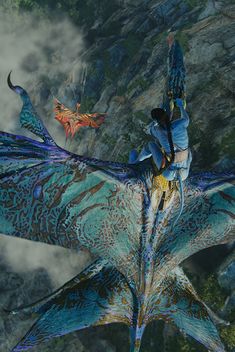 an image of a dragon flying in the sky with another bird nearby on his back