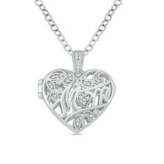 Mom will love this sparkling vintage-inspired diamond open-filigree locket pendant. Crafted in sterling silver, this design shimmers with the word "mom" along the front. The cutout paisley pattern and letter "o;" shaped as a heart, dazzle with diamonds. The locket opens to reveal space for a small photo or memento. Intricate milgrain details lend heirloom appeal. Radiant with 1/10 ct. t.w. of diamonds and a brilliant buffed luster, this hinged pendant suspends from a diamond and milgrain bail al Elegant White Locket Necklace For Valentine's Day, Elegant Charms Locket Necklace For Mother's Day, Elegant Heart Cut Locket Necklace For Mother's Day, Elegant Locket Necklace With Charms For Anniversary, Elegant Silver Locket Necklace As Gift For Mom, Elegant White Heart Pendant Locket Necklace, Elegant Filigree Heart Pendant Locket Necklace, Elegant Heart Pendant Locket Necklace With Filigree, Elegant Locket Jewelry As Gift For Mom