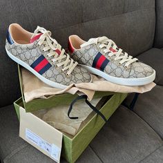 These Are New In The Box Ace Gg Supreme Sneakers. Eu 40 Wish Is A Size 9 In Us. Wear A 10 And These Fit Me Nicely. I Bought These And Then Never Wore Them. Comes With Shoes, Box, And Shoes Storage Gucci Bags. Style 499410 96g50 9768 Beige/Ebony Gg Supreme Canvas Blue And Red Web Red Leather Detail On The Heel Of One Shoe And Blue On The Other Rubber Sole Flat .6" Height Made In Italy These Shoes Run Big, We Recommend Sizing Down One Size On The Gucci Website It Does Say They Run Large To Conside Womens Pink Sneakers, Supreme Sneakers, Gucci Ace Sneakers, Streetwear Coat, Shoes Storage, Bags Style, Red Web, Silver Sneakers, Shoes Box