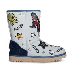 Punky Swarovski-crystal embellished patches and bleachy denim combine on this classic boot inspired by the laid-back surfer culture of the West Coast. The Treadlite by UGG™ sole provides increased cushioning, durability and traction on both wet and dry surfaces. 1" heel; 3/4" platform (size 9) 8 1/2" shaft Pull-on styl Bleach Denim, Ugg Store, Pretty Shoes Sneakers, Denim Boots, Bleached Denim, Girly Shoes, Classic Boots, Pretty Shoes, Wet And Dry