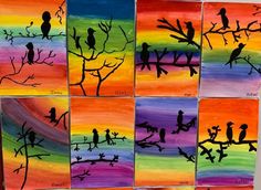 six different paintings with birds sitting on branches painted in rainbow colors and black silhouettes