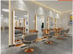 an artist's rendering of a hair salon with chairs and mirrors in the background