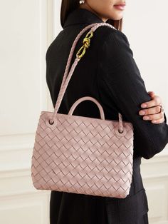 BOTTEGA VENETA Andiamo small intrecciato leather tote | NET-A-PORTER Intrecciato Weave Bag For Work, Intrecciato Weave Bags For Workwear, Designer Shoulder Bag With Intrecciato Weave, Luxury Pink Shoulder Bag With Intrecciato Weave, Luxury Pink Bags For Work, Luxury Pink Bags For Workwear, Pink Bags Outfit