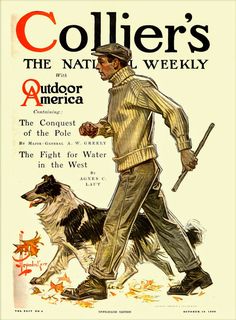 an old magazine cover shows a man walking with a dog and holding a baseball bat