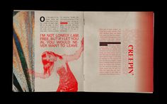 an open book with a woman's image on the front and back pages in red