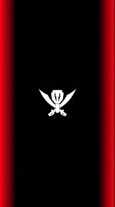 a red and black background with a white bird on it's back side, in the center is an image of two crossed swords