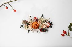 Autumn Flower Hair Comb Burnt Orange and Ivory Flower Comb - Etsy Bridal Flower Hair Comb, Autumn Bridal, Fall Wedding Hairstyles, Floral Comb, Fleur Orange, Floral Hair Combs, Hair Comb Accessories, Flower Comb, Ivory Flower