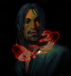 a digital painting of a man with long hair and glowing hands in the dark,