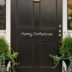 a black door with merry christmas written on the side and potted plants in front