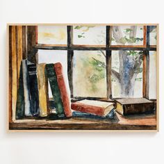 a watercolor painting of books on a window sill