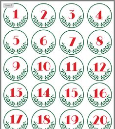 the numbers and symbols for christmas wreaths are shown in red, green and white