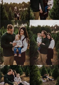 a couple holding their baby in the middle of a christmas tree farm