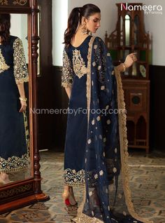 Elegant Pakistani Dress Dark Blue Pakistani Dress, Elegant Blue Chanderi Churidar, Elegant Unstitched Sets With Gold Embroidery, Eid Chanderi Sets With Gold Embroidery, Elegant Blue Sharara With Dupatta, Unstitched Suit With Gold Embroidery For Designer Wear, Elegant Unstitched Royal Blue Traditional Wear, Blue Semi-stitched Anarkali Set For Formal Occasions, Formal Blue Semi-stitched Anarkali Set