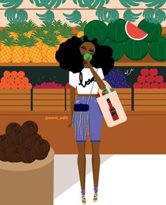 a woman standing in front of a fruit stand holding a bottle and a watermelon