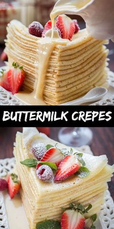 there is a stack of crepes with strawberries on top and cream being drizzled over them