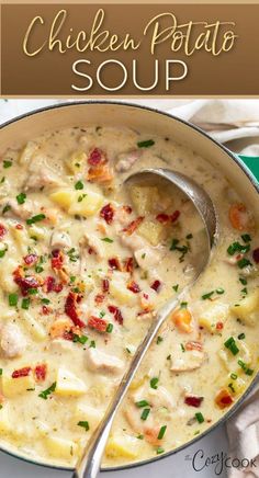 chicken potato soup in a pot with a spoon