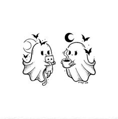 two ghost heads with bats flying around them