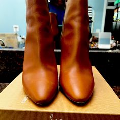 These Have Only Been Worn Twice. They Are In Great Condition. No Scuff Marks. Of Course The Leather Is Super Soft, And They Are Extremely Comfortable. Elegant Brown Boots With Heel Pull Tab, Elegant Booties With Leather Lining And Round Toe, Elegant Boots With Heel Pull Tab, Formal Booties With Sculpted Heel, Elegant High Heel Boots With Heel Pull Tab, Elegant High Heeled Boots With Heel Pull Tab, Elegant Boots With Heel Pull Tab And Almond Toe, Formal Booties With Sculpted Heel And Almond Toe, Elegant Almond Toe Boots With Heel Pull Tab