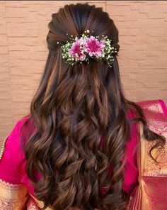 Hair Styles For Broad Forehead Indian, Grahshanti Hairstyles, Hairstyle On Saree For Wedding, Half Pinup Hairstyle Indian, Curly Hairstyles For Reception, Front Hairstyles For Long Hair Indian, Hairstyle For Leganha, Hairstyle With Orchid Flower, Traditional Hairstyle For Wedding