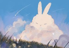 a painting of a bunny rabbit sitting in the grass with clouds and stars above it