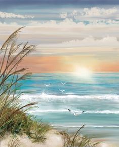 a painting of the ocean with birds flying in the sky and sand dunes on the beach