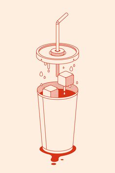 a drawing of a cup with ice cubes in it and a straw sticking out of the top