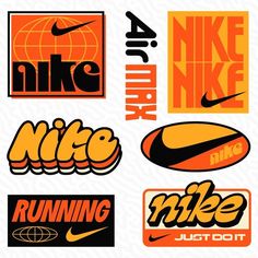 various logos and stickers are shown in this image, with the words nike on them