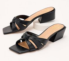 These heeled mules are sweet and sassy with a knotted detail on the vamp. From Vince Camuto. Casual Evening Mules With Padded Heel, Casual Mules With Wrapped Low Heel, Summer Mules With 4-inch Square Toe Heel, Casual Mules With Low Heel, Summer Mules With 4-inch Heel And Square Toe, Summer Square Toe Mules With 4-inch Heel, Casual Mules With Wrapped Heel For Party, Casual Mules With 4-inch Heel For Party, Casual Party Mules With Wrapped Heel