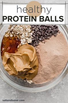 healthy protein balls in a bowl with peanut butter and chocolate chips