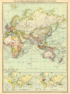 an old world map showing the countries and their major cities, with lines on each side