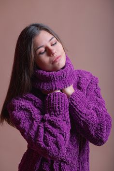 Purple Knitted Sweater For Fall, Purple Knit Sweater For Winter, Purple Knit Winter Sweater, Winter Purple Knit Sweater, Purple Long Sleeve Winter Sweater, Knit Long Sleeve Turtleneck For Winter, Purple Knitted Long Sleeve Sweater, High Neck Knit Sweater For Winter, High Neck Knit Winter Sweater