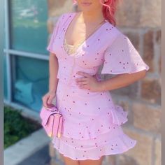 B Darlin - Pink Sheer - Zippered - Ruffled - Lined - Fitted - Printed - Flutter Sleeve - V Neck - Short - Party A-Line Dress - Juniors 9/10 100% Polyester Machine Washable 022 Summer V-neck Dress With Ruffled Skirt, Pink V-neck Mini Dress With Ruffle Hem, Feminine V-neck Ruffle Dress For Garden Party, Cute V-neck Mini Dress For Garden Party, Feminine V-neck Ruffle Dress With Ruffle Hem, Pink V-neck Ruffle Dress For Party, Chic Pink V-neck Ruffle Dress, Fitted V-neck Ruffle Dress For Brunch, Cute Mini Length Ruffle Dress For Summer