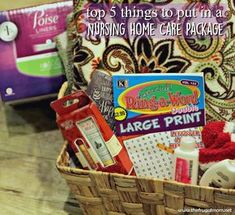 a basket filled with items sitting on top of a wooden floor