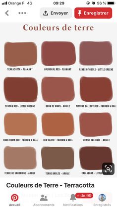 the color chart for different shades of red and brown, with text that reads couleurs