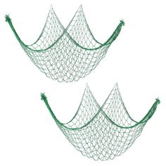 two green netted baskets sitting next to each other on top of a white surface